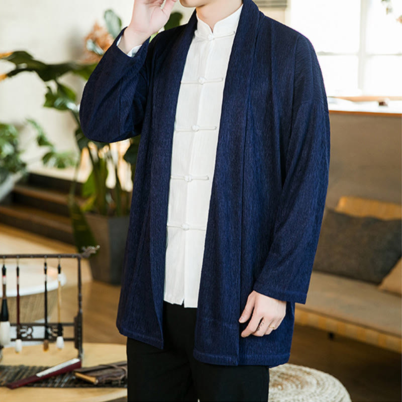 Buddha Stones Spring Pure Color Open Front Cotton Linen Men's Long Sleeve Jacket Kimono - image 14