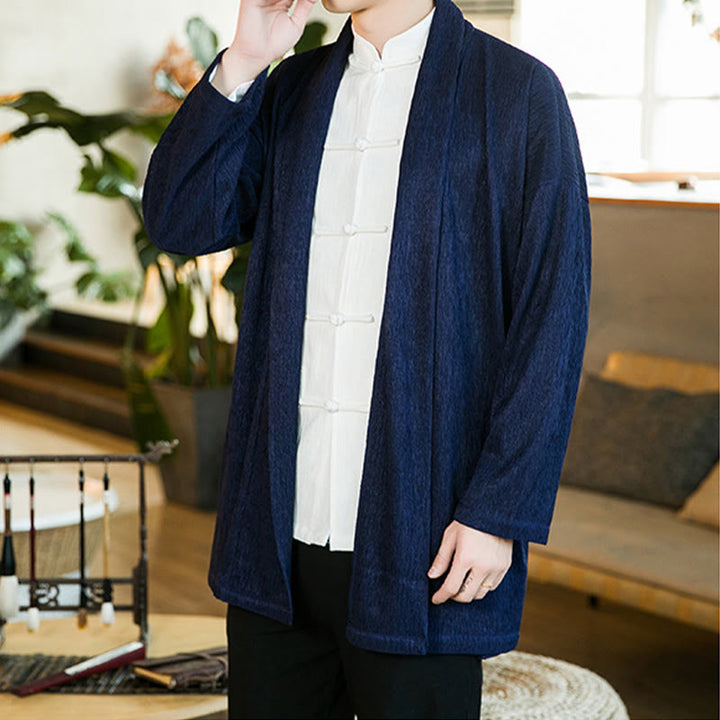 Buddha Stones Spring Pure Color Open Front Cotton Linen Men's Long Sleeve Jacket Kimono - image 14