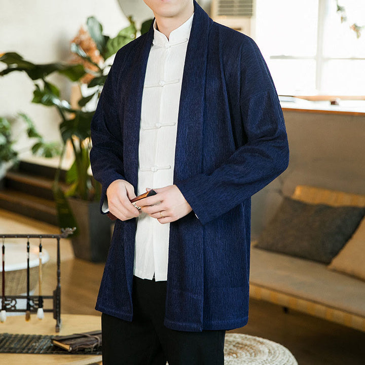 Buddha Stones Spring Pure Color Open Front Cotton Linen Men's Long Sleeve Jacket Kimono - MidnightBlue - US/UK/AU46,EU56 (5XL) - image 11