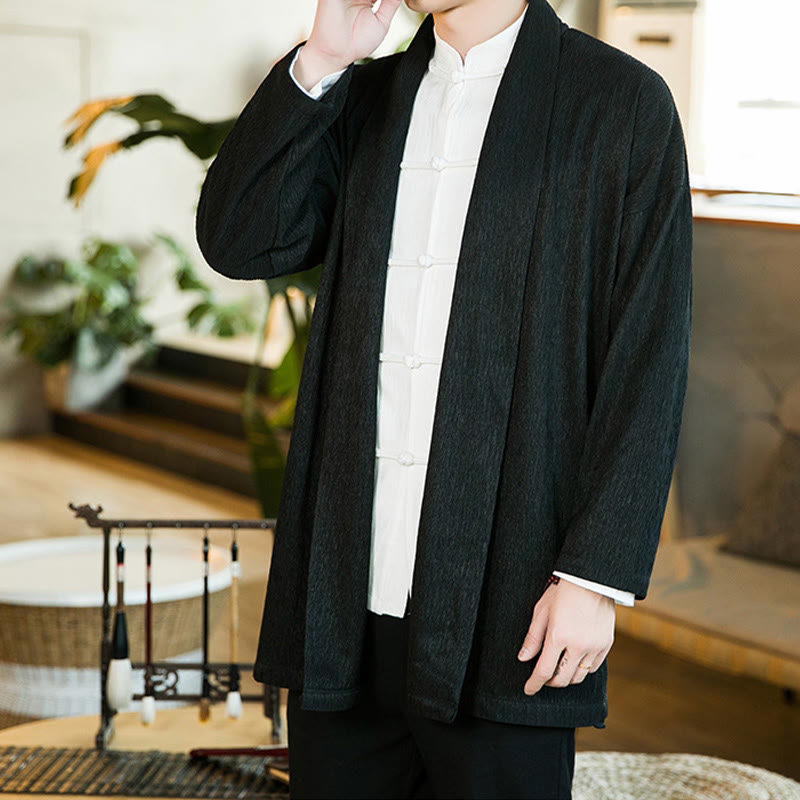 Buddha Stones Spring Pure Color Open Front Cotton Linen Men's Long Sleeve Jacket Kimono - image 4