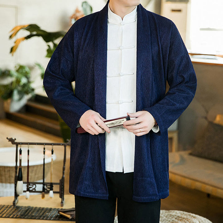 Buddha Stones Spring Pure Color Open Front Cotton Linen Men's Long Sleeve Jacket Kimono - image 15