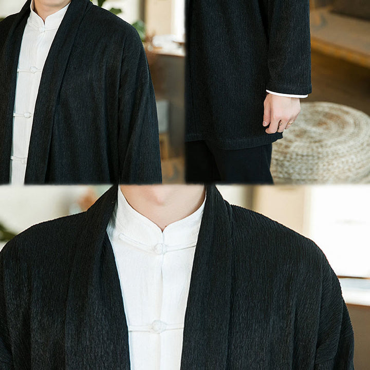 Buddha Stones Spring Pure Color Open Front Cotton Linen Men's Long Sleeve Jacket Kimono - image 9