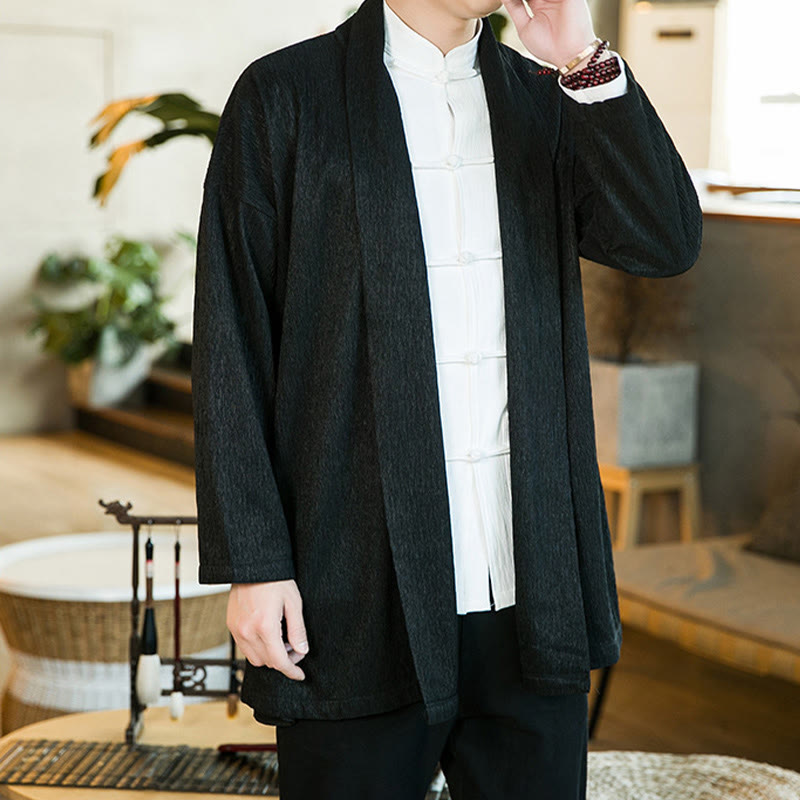 Buddha Stones Spring Pure Color Open Front Cotton Linen Men's Long Sleeve Jacket Kimono - image 6