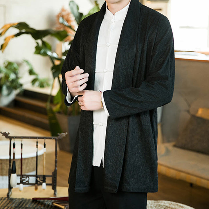 Buddha Stones Spring Pure Color Open Front Cotton Linen Men's Long Sleeve Jacket Kimono - image 7