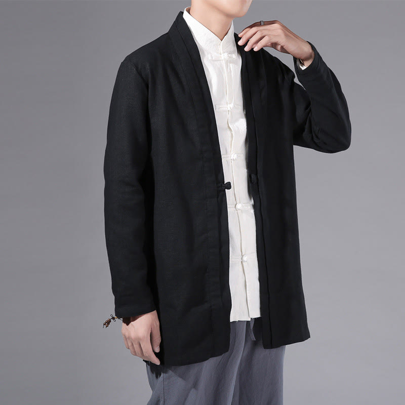 Buddha Stones Plain Simple Design Open Front Cotton Linen Men's Long Sleeve Jacket Kimono - Black - US/UK/AU42,EU52 (3XL) - image 12