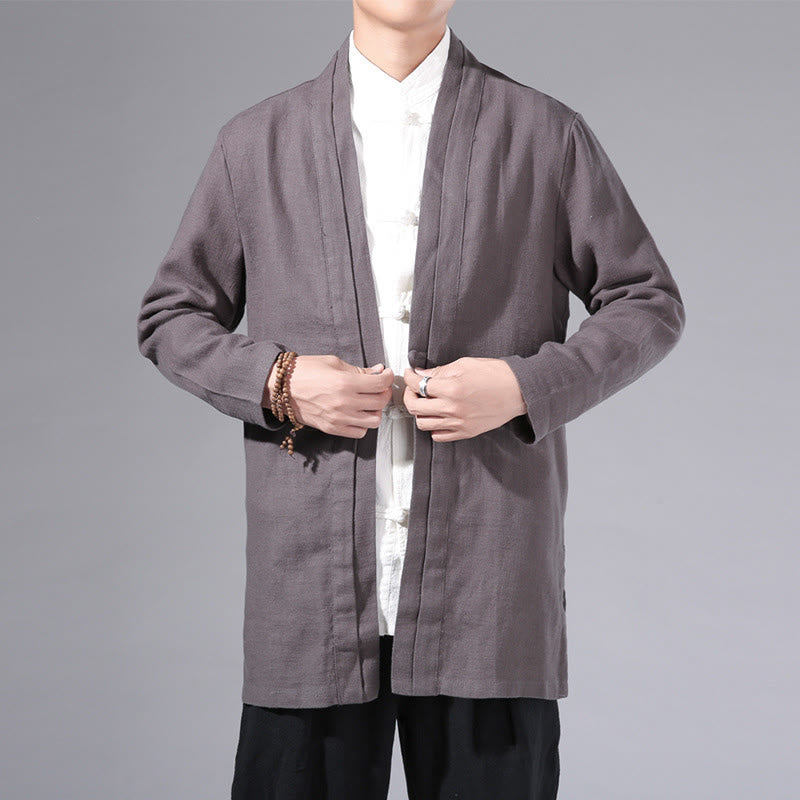 Buddha Stones Plain Simple Design Open Front Cotton Linen Men's Long Sleeve Jacket Kimono - DimGray - US/UK/AU42,EU52 (3XL) - image 29