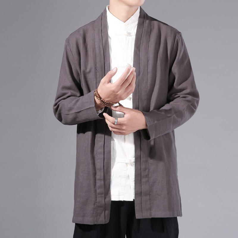 Buddha Stones Plain Simple Design Open Front Cotton Linen Men's Long Sleeve Jacket Kimono - image 31