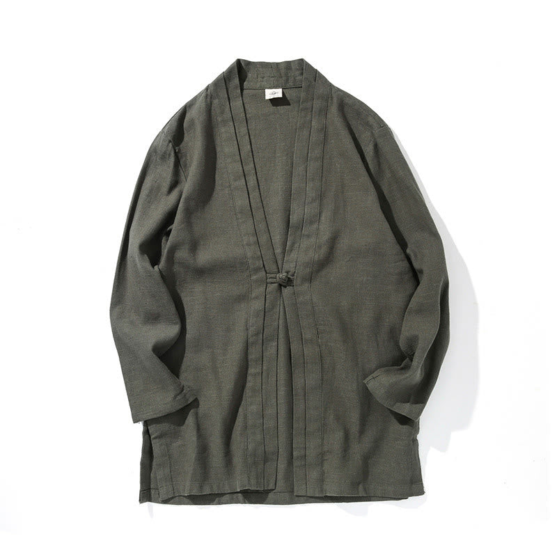 Buddha Stones Plain Simple Design Open Front Cotton Linen Men's Long Sleeve Jacket Kimono - image 11