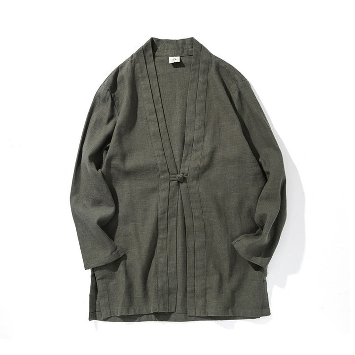 Buddha Stones Plain Simple Design Open Front Cotton Linen Men's Long Sleeve Jacket Kimono - image 11