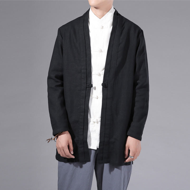 Buddha Stones Plain Simple Design Open Front Cotton Linen Men's Long Sleeve Jacket Kimono - image 19