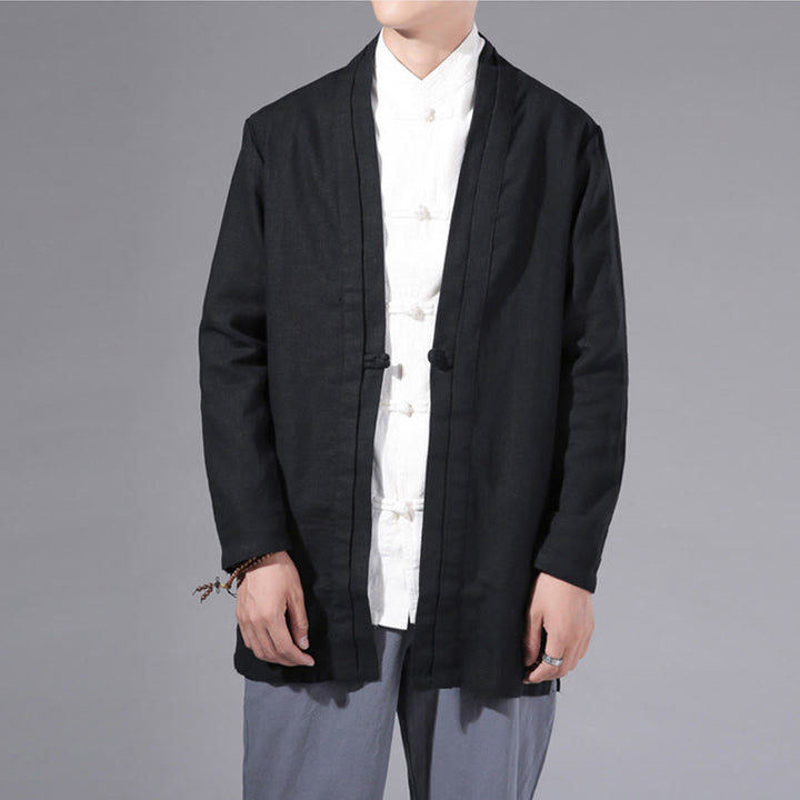 Buddha Stones Plain Simple Design Open Front Cotton Linen Men's Long Sleeve Jacket Kimono - image 19