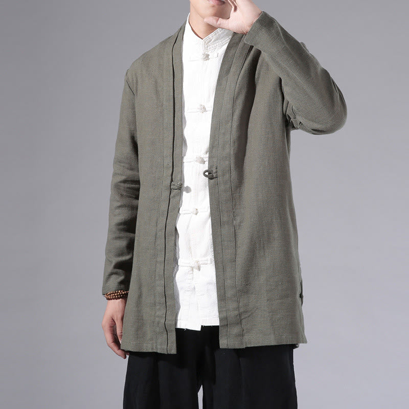 Buddha Stones Plain Simple Design Open Front Cotton Linen Men's Long Sleeve Jacket Kimono - image 3