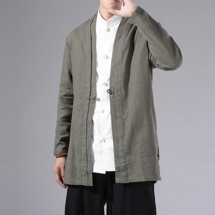 Buddha Stones Plain Simple Design Open Front Cotton Linen Men's Long Sleeve Jacket Kimono - image 3