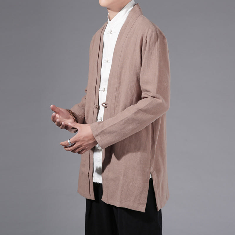 Buddha Stones Plain Simple Design Open Front Cotton Linen Men's Long Sleeve Jacket Kimono - image 27