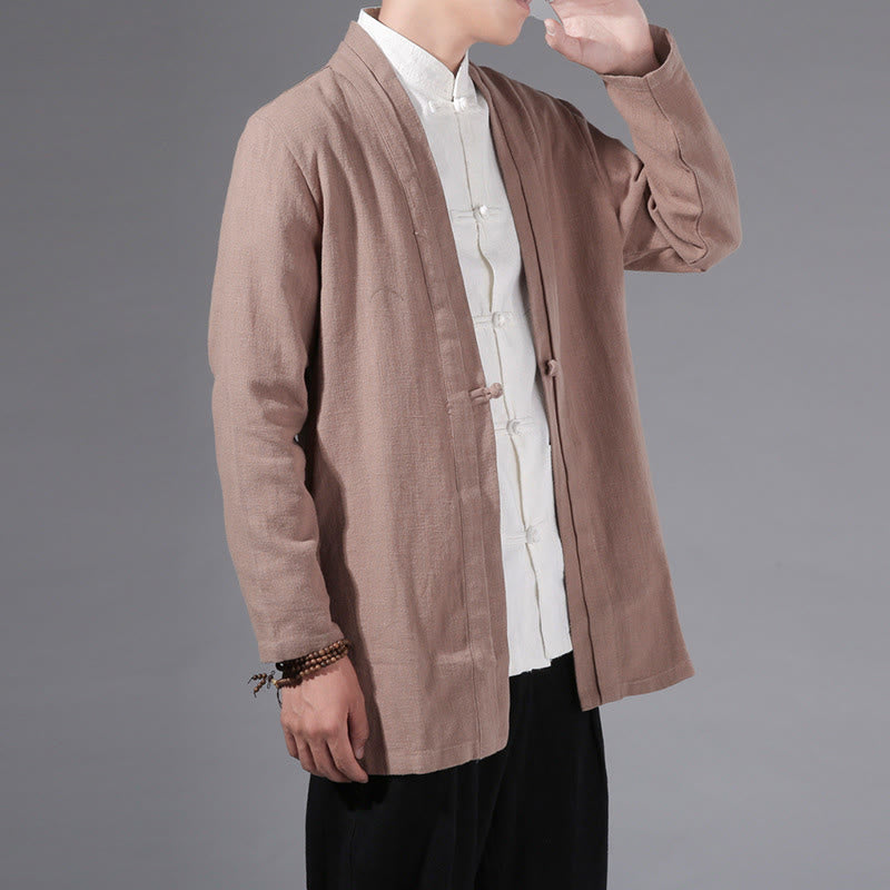 Buddha Stones Plain Simple Design Open Front Cotton Linen Men's Long Sleeve Jacket Kimono - Wheat - US/UK/AU42,EU52 (3XL) - image 21