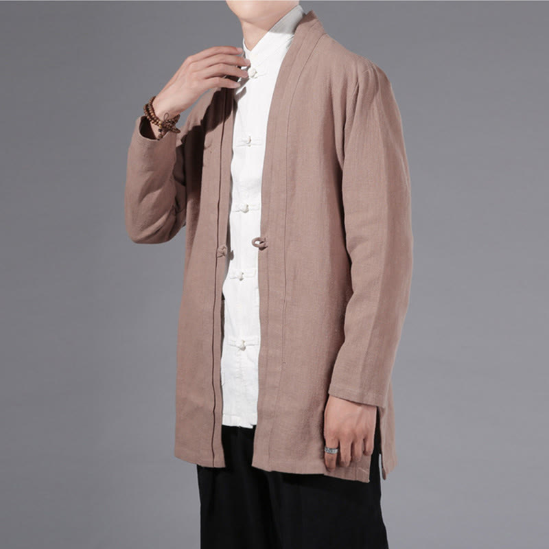 Buddha Stones Plain Simple Design Open Front Cotton Linen Men's Long Sleeve Jacket Kimono - image 23