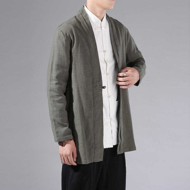 Buddha Stones Plain Simple Design Open Front Cotton Linen Men's Long Sleeve Jacket Kimono - image 6