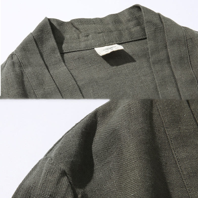Buddha Stones Plain Simple Design Open Front Cotton Linen Men's Long Sleeve Jacket Kimono - image 8