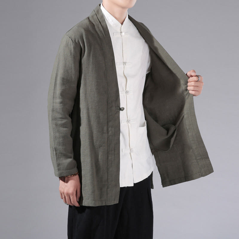 Buddha Stones Plain Simple Design Open Front Cotton Linen Men's Long Sleeve Jacket Kimono - image 7