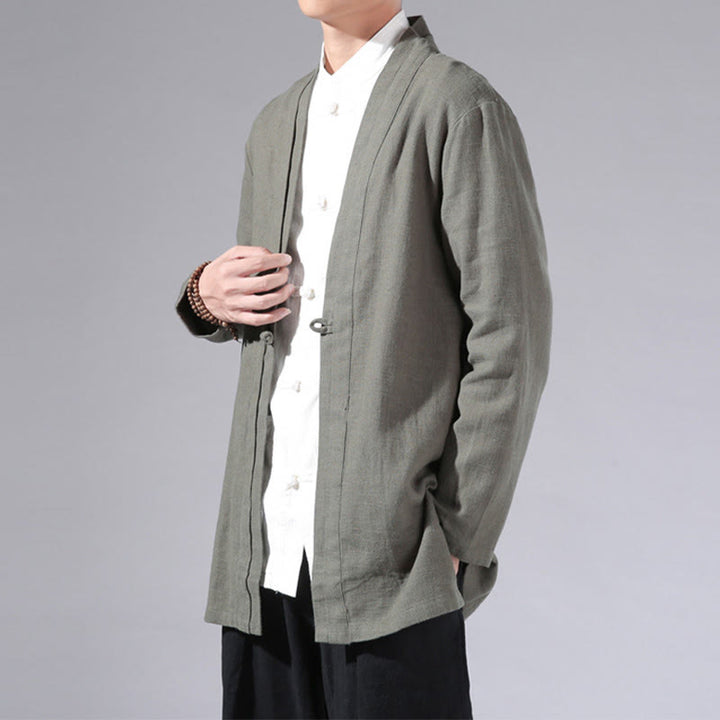 Buddha Stones Plain Simple Design Open Front Cotton Linen Men's Long Sleeve Jacket Kimono - image 4