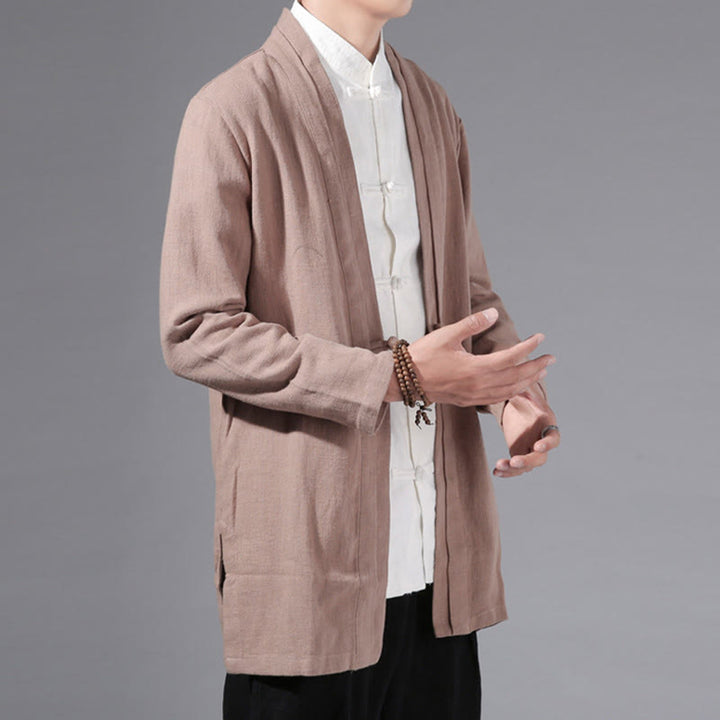 Buddha Stones Plain Simple Design Open Front Cotton Linen Men's Long Sleeve Jacket Kimono - image 28