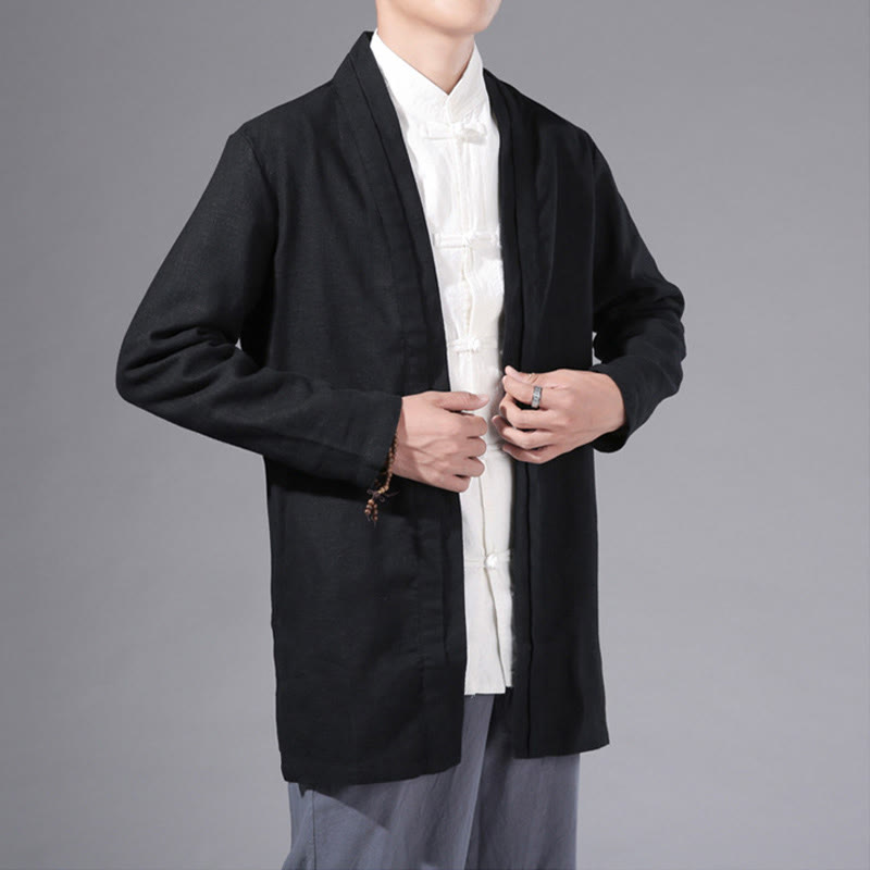 Buddha Stones Plain Simple Design Open Front Cotton Linen Men's Long Sleeve Jacket Kimono - image 16