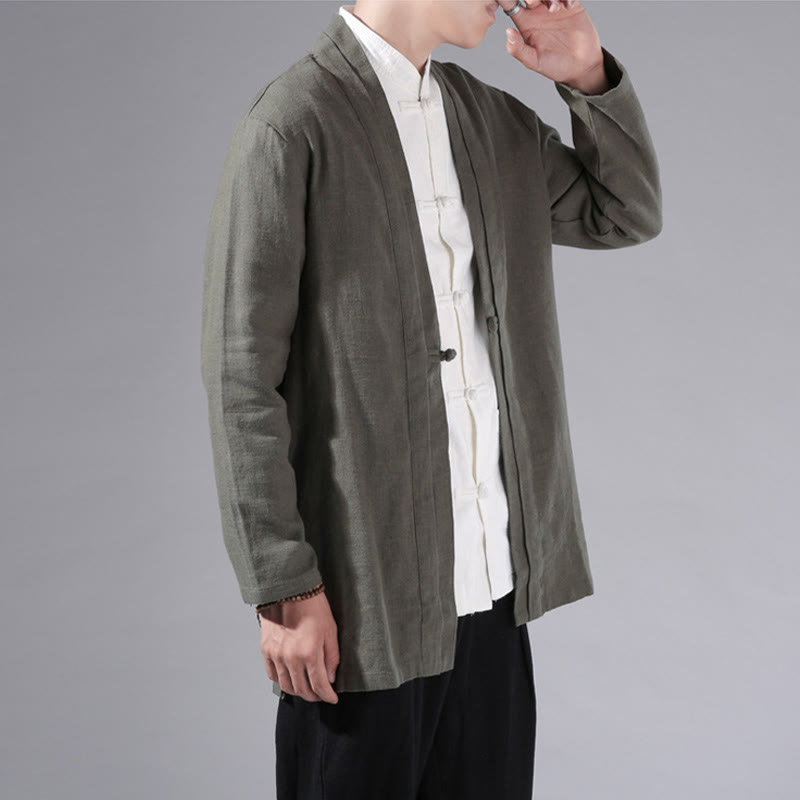 Buddha Stones Plain Simple Design Open Front Cotton Linen Men's Long Sleeve Jacket Kimono - image 2