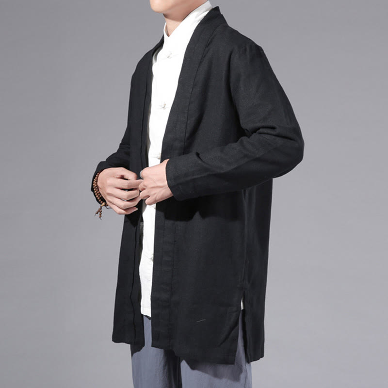 Buddha Stones Plain Simple Design Open Front Cotton Linen Men's Long Sleeve Jacket Kimono - image 14