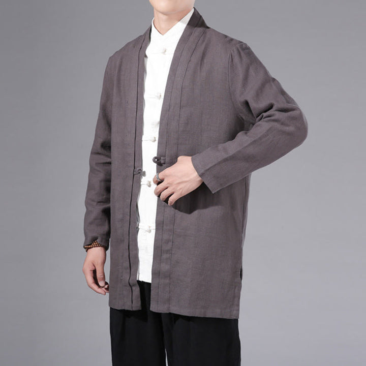 Buddha Stones Plain Simple Design Open Front Cotton Linen Men's Long Sleeve Jacket Kimono - image 33