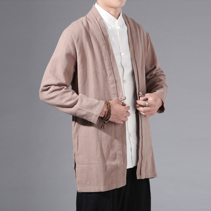Buddha Stones Plain Simple Design Open Front Cotton Linen Men's Long Sleeve Jacket Kimono - image 26