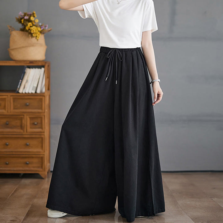Buddha Stones Retro Leg Opening Slit Design Cotton Women's Wide Leg Pants With Pockets - image 12