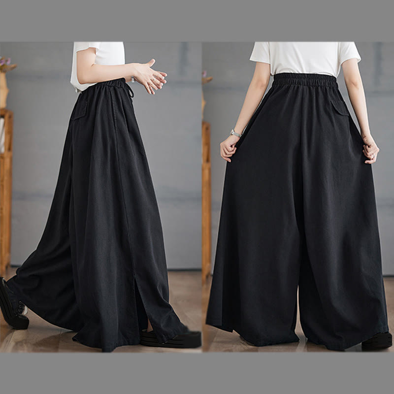 Buddha Stones Retro Leg Opening Slit Design Cotton Women's Wide Leg Pants With Pockets - image 20