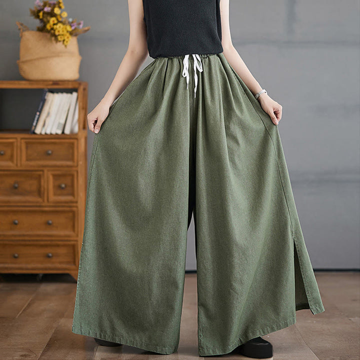 Buddha Stones Retro Leg Opening Slit Design Cotton Women's Wide Leg Pants With Pockets - image 8
