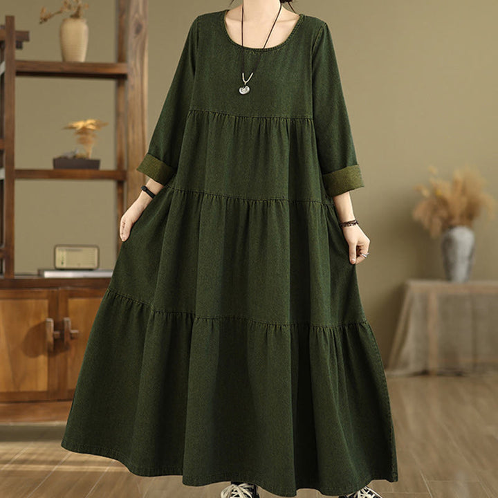 Buddha Stones DarkOliveGreen Patchwork Long Sleeve Design Cotton Women's Maxi Dress With Pockets - image 3