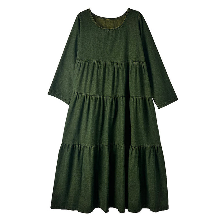 Buddha Stones DarkOliveGreen Patchwork Long Sleeve Design Cotton Women's Maxi Dress With Pockets - image 14