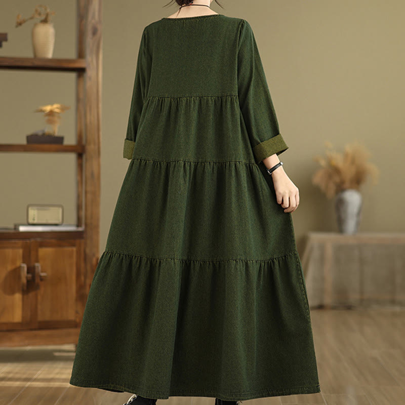 Buddha Stones DarkOliveGreen Patchwork Long Sleeve Design Cotton Women's Maxi Dress With Pockets - image 5