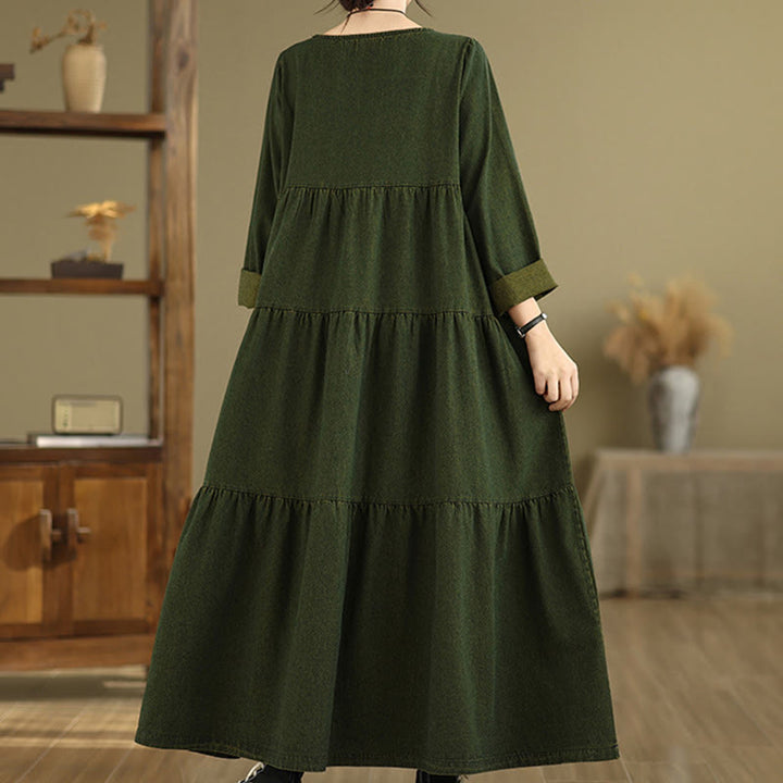 Buddha Stones DarkOliveGreen Patchwork Long Sleeve Design Cotton Women's Maxi Dress With Pockets - image 5