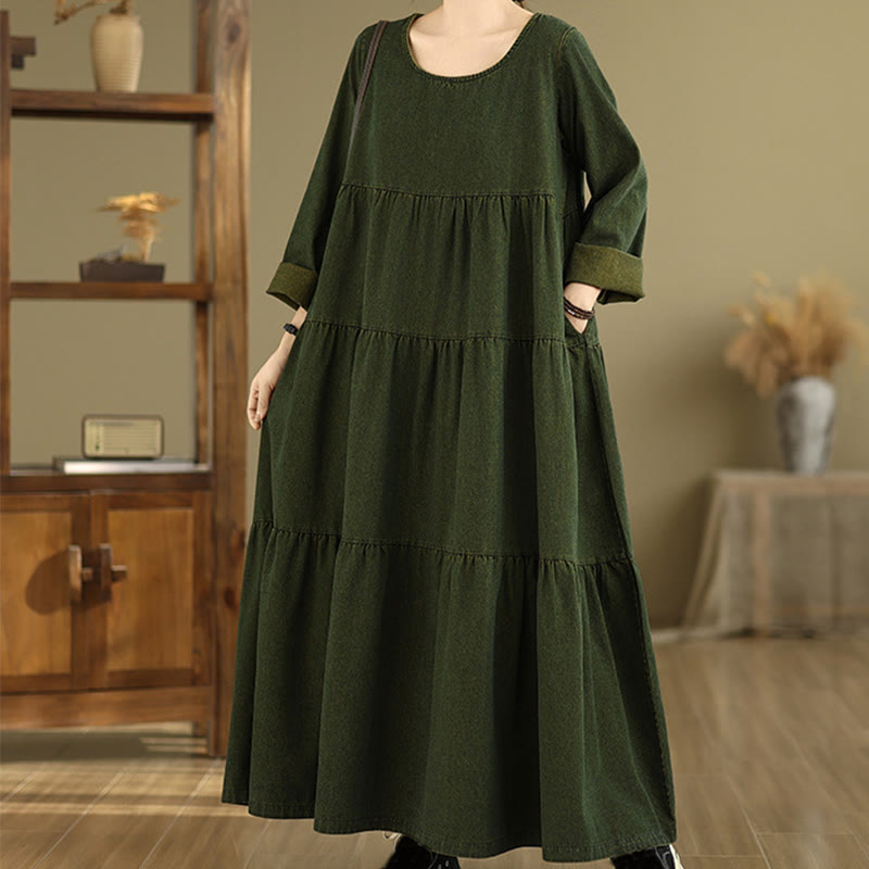 Buddha Stones DarkOliveGreen Patchwork Long Sleeve Design Cotton Women's Maxi Dress With Pockets - image 4