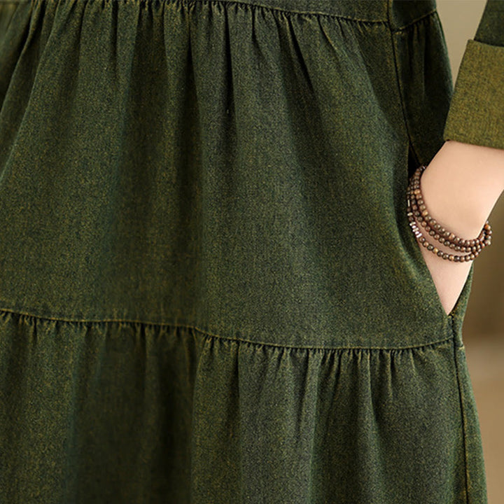 Buddha Stones DarkOliveGreen Patchwork Long Sleeve Design Cotton Women's Maxi Dress With Pockets - image 13