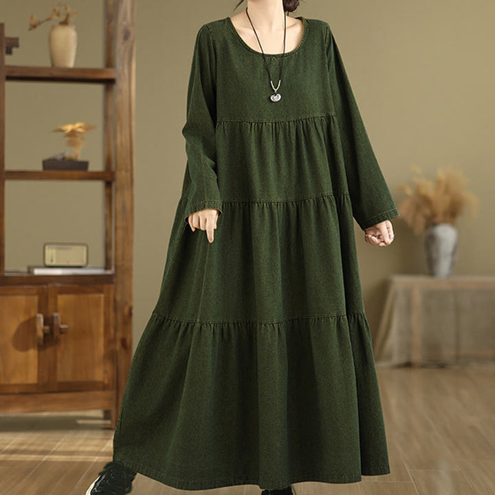 Buddha Stones DarkOliveGreen Patchwork Long Sleeve Design Cotton Women's Maxi Dress With Pockets - image 7