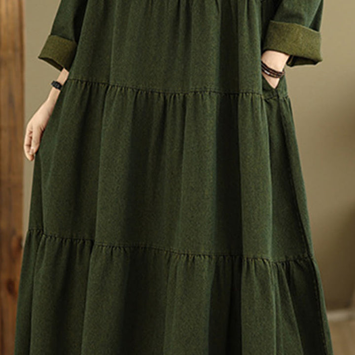 Buddha Stones DarkOliveGreen Patchwork Long Sleeve Design Cotton Women's Maxi Dress With Pockets - image 9