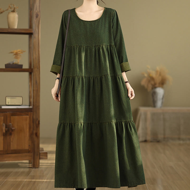 Buddha Stones DarkOliveGreen Patchwork Long Sleeve Design Cotton Women's Maxi Dress With Pockets - image 6