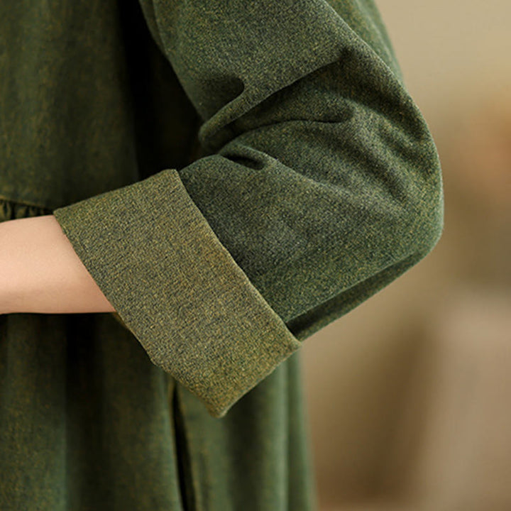 Buddha Stones DarkOliveGreen Patchwork Long Sleeve Design Cotton Women's Maxi Dress With Pockets - image 10