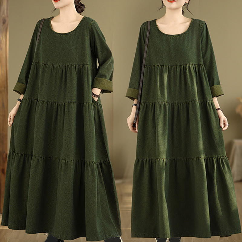 Buddha Stones DarkOliveGreen Patchwork Long Sleeve Design Cotton Women's Maxi Dress With Pockets - DarkOliveGreen - US14,UK/AU18,EU46 (3XL) - image 1