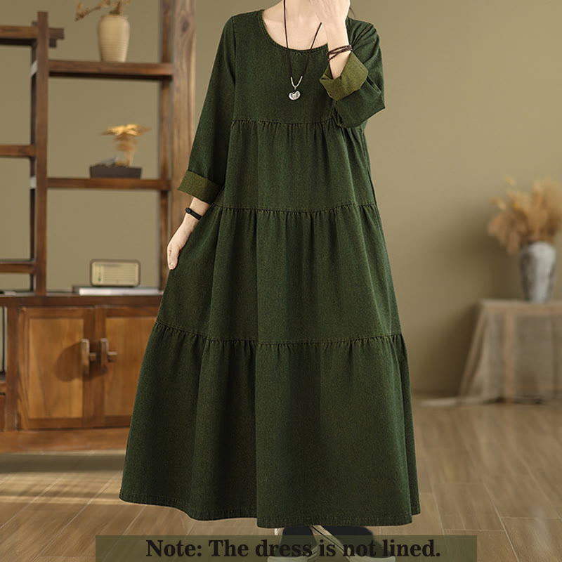 Buddha Stones DarkOliveGreen Patchwork Long Sleeve Design Cotton Women's Maxi Dress With Pockets - image 2