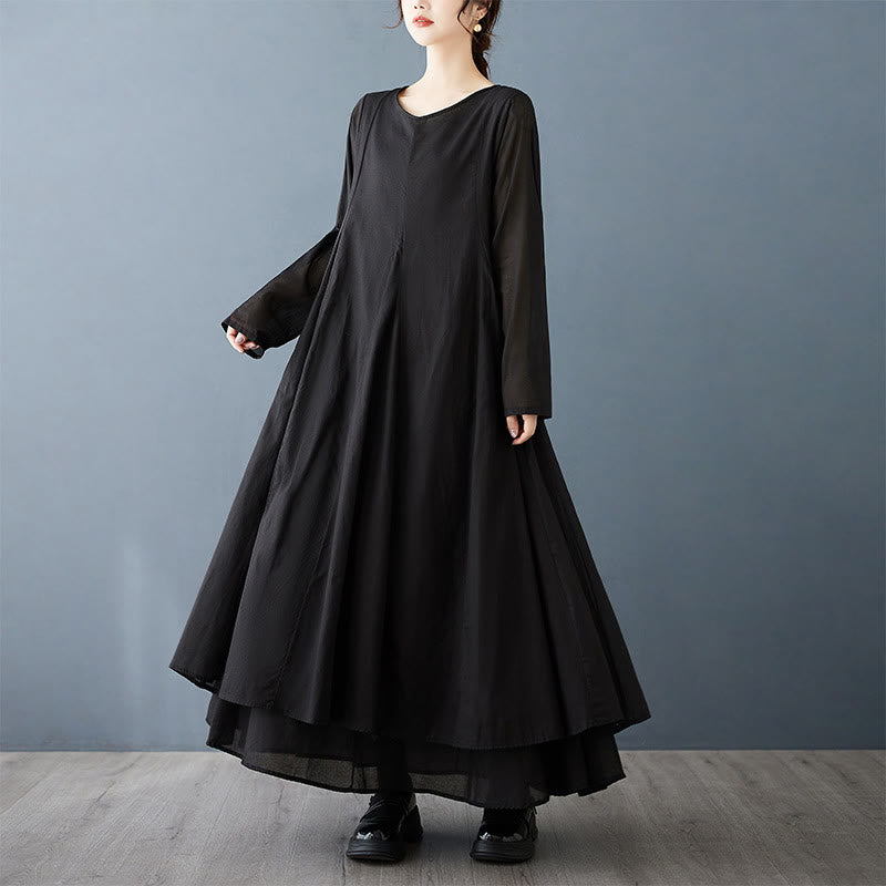 Buddha Stones Spring Double Layer Design Cotton Long Sleeve Women's Midi Dress - image 5