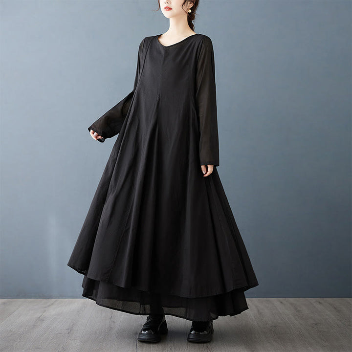 Buddha Stones Spring Double Layer Design Cotton Long Sleeve Women's Midi Dress - image 5