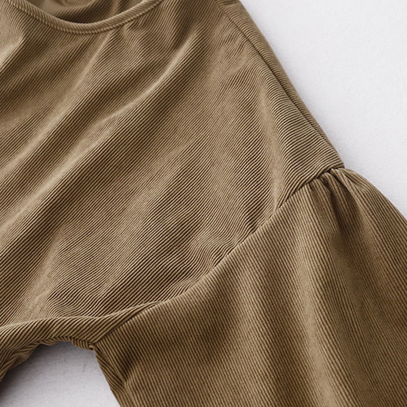 Buddha Stones Tan Solid Color Cotton Linen Corduroy Puff Long Sleeve Midi Dress - image 8