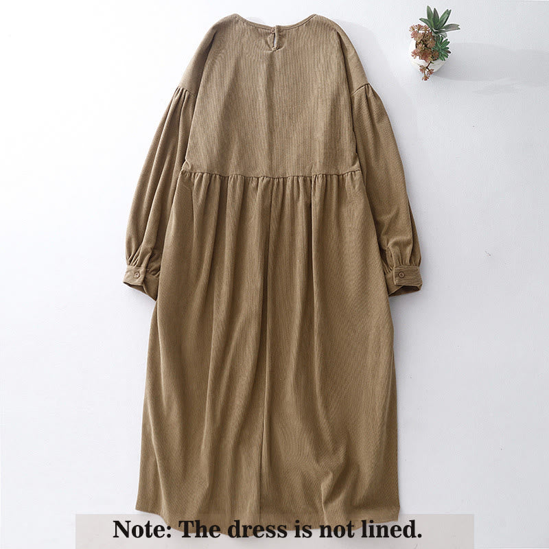 Buddha Stones Tan Solid Color Cotton Linen Corduroy Puff Long Sleeve Midi Dress - image 2