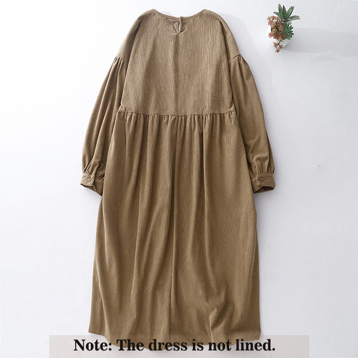 Buddha Stones Tan Solid Color Cotton Linen Corduroy Puff Long Sleeve Midi Dress - image 2